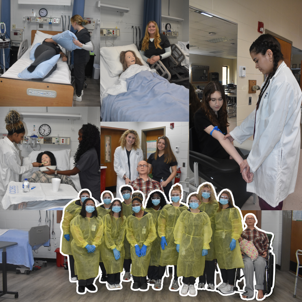 healthcare students working in the classrooms and medical room