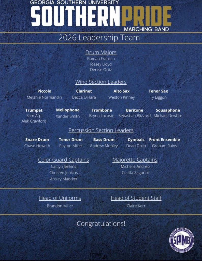 Georgia Southern University Southern Pride Marching Band 2026 Leadership Team