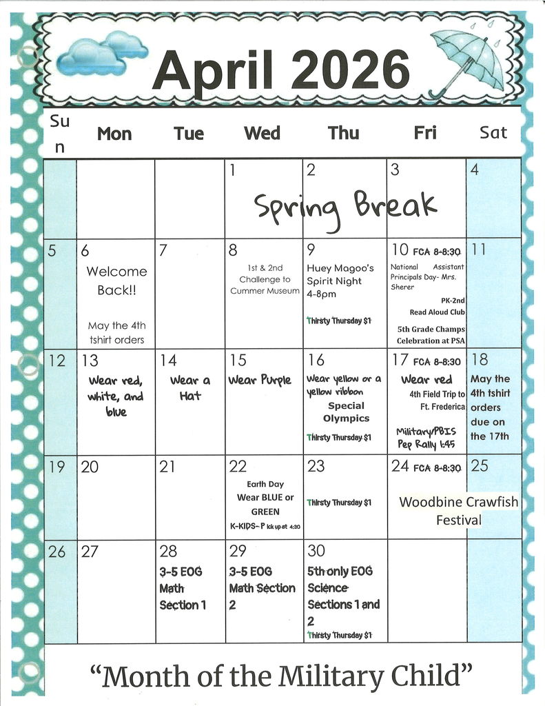 april 2026, huey magoos spirit night on the 9th, CHAMPS celebration for 5th grade