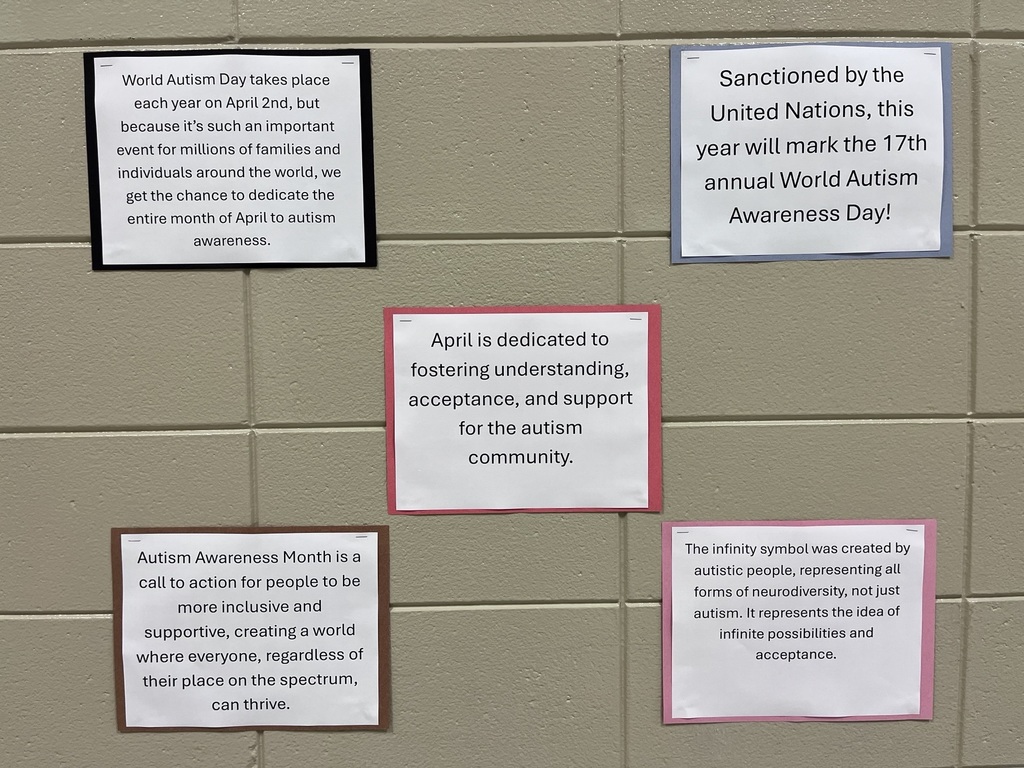 6th grade math students decorated infinity symbols to create an Acceptance Wall for Autism Awareness Month.