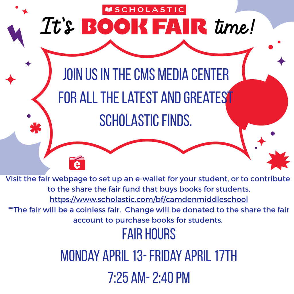 It's Book Fair time!  Join us in the CMS Media Center for all the latest and greatest scholastic finds.  Visit the fair webpage to set up an e-wallet for your student or to contribute to the share the fair fund that buys books for students.  The fair will be a coinless fair.  Change will be donated to the share the fair account to purchase books for students.  Fair Hours:  Monday April 13- Friday April 17th 7:25-2:40 PM.