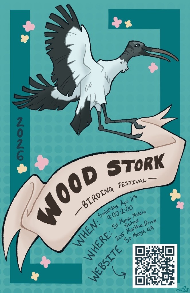 Wood Stork event flyer: birding festival on 4/11 from 9 -2 at St Marys Middle School.