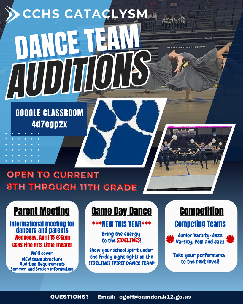 CCHS Cataclysm Dance Team Auditions  Google Classroom 4d7ogp2x.  Open to Current 8th through 11th grade.  Parent meeting Wednesday April 15 6PM CCHS Fine Arts Little Theater.  We'll dcover:  New team structure, Audition Requirements, Summer and Season information.  Game Day Dance:  New this year!  Bring the energy to the sidelines.  Show your school spirit under the Friday night lights on the sidelines spirit dance team!  Competition:  Competing Teams:  Junior Varsity Jazz, Varsity Pom and Jazz.  Take your performance to the next level!