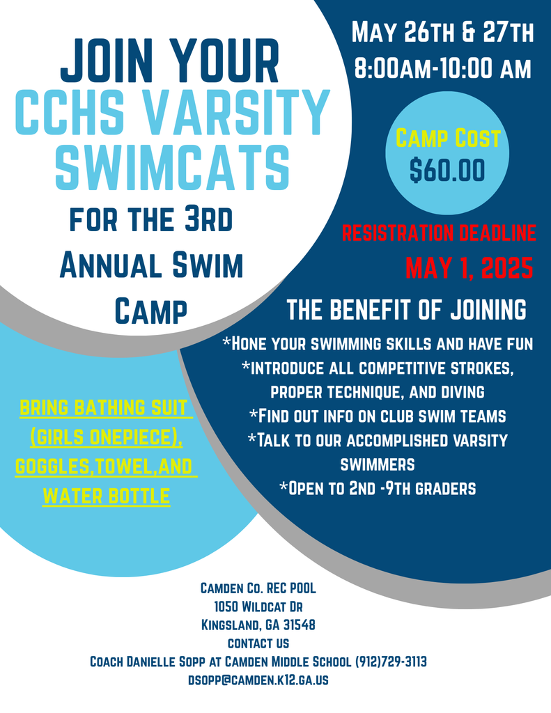 Flyer for High School swim camp: May 26th & 27th for $60, registration deadline is May 1st.