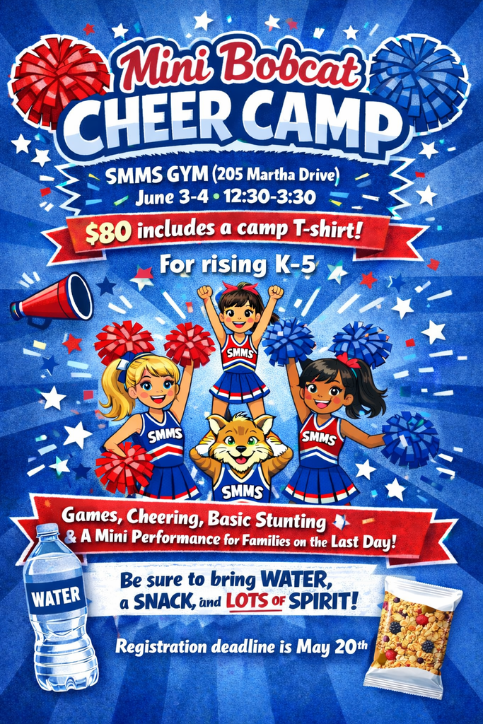 Mini Bobcat cheer camp poster: $80, for rising K-5 students on June 3rd & 4th, 12:30-3:30.