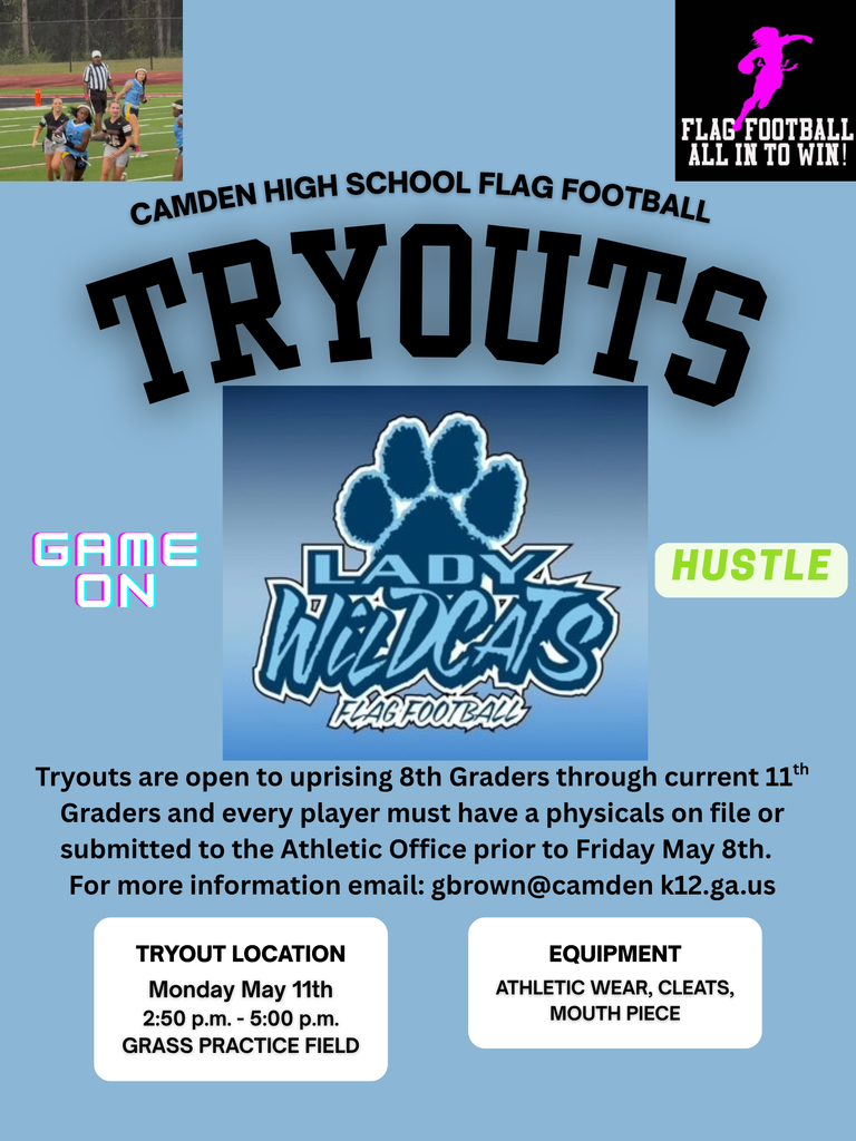 Updated flag football tryouts flyer: Monday May 11th, 2:30-5:00, CCHS grass practice field