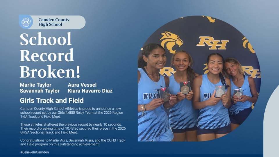 School Record broken flyer with picture of all 4 girls