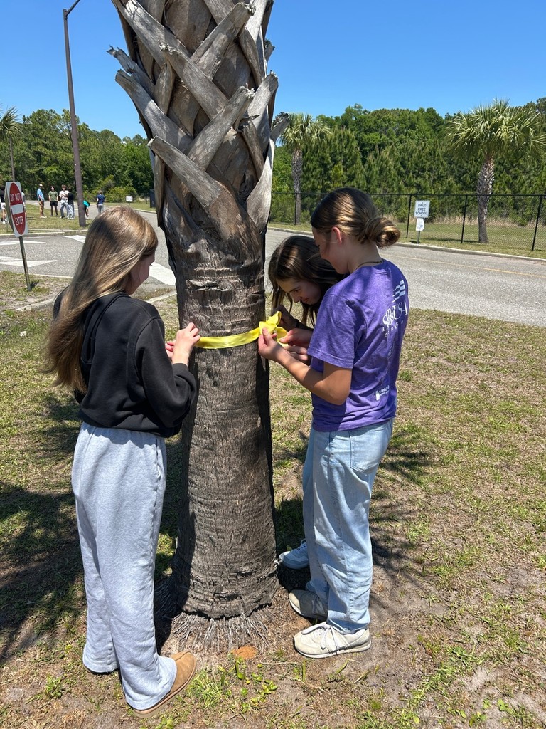 Students tying a yellow ribbon around a tree.