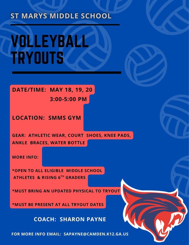 SMMS Volleyball tryouts flyer: May 18, 19, 20 from 3 - 5pm, SMMS gym