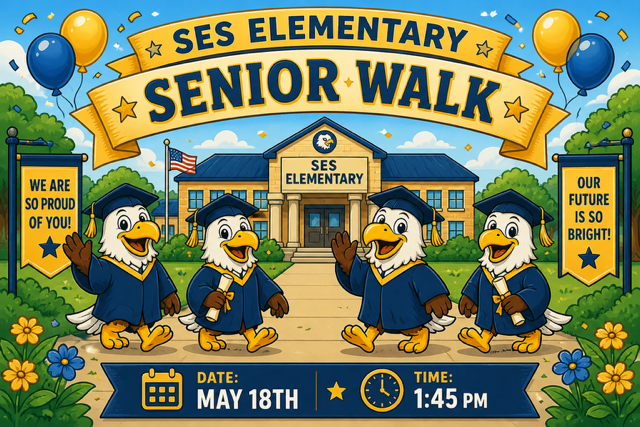 🎓🦅 Calling all SES alumni seniors! 🦅🎓  We are so excited to celebrate the Class of 2026 with our SES Elementary Senior Walk on May 18th at 1:45 PM! Come walk the halls where your journey began and let our current Eagles cheer you on as you prepare for your next chapter. 💙💛  We are SO proud of you and can’t wait to celebrate your accomplishments and bright futures!  #OnceAnEagleAlwaysAnEagle #SESEagles #SeniorWalk2026