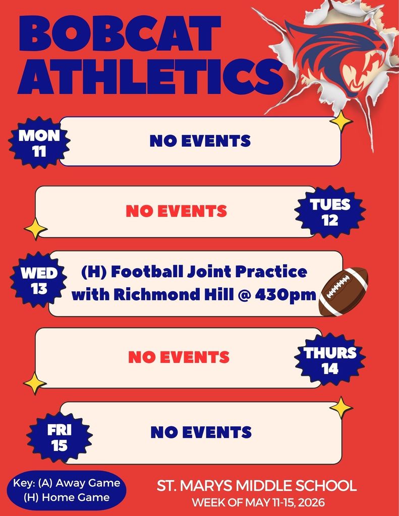 Updated weekly Bobcat sports events for the week of 4/11- Football joint practice with Richmond Hill at 4:30 pm on the 13th.