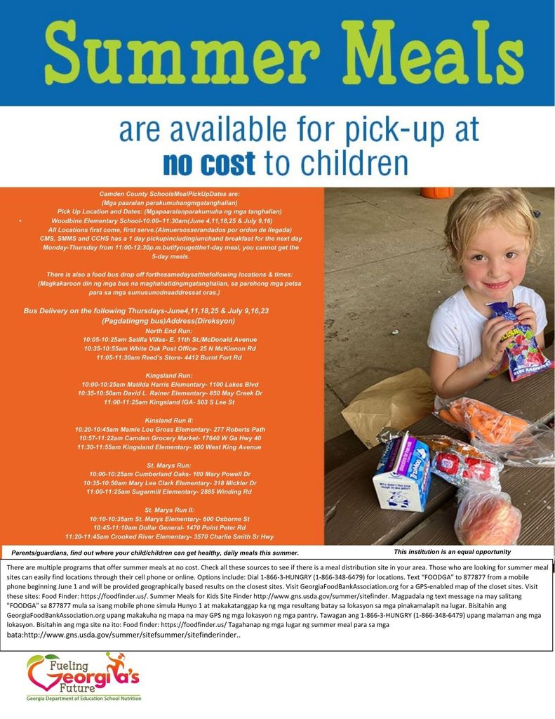 Summer meals flyer: no cost to children