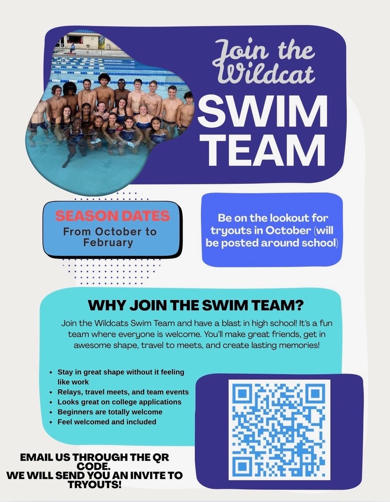 Flyer to join the Wildcat Swim Team. Season dates: October to February, scan QR code for an invite to tryouts.