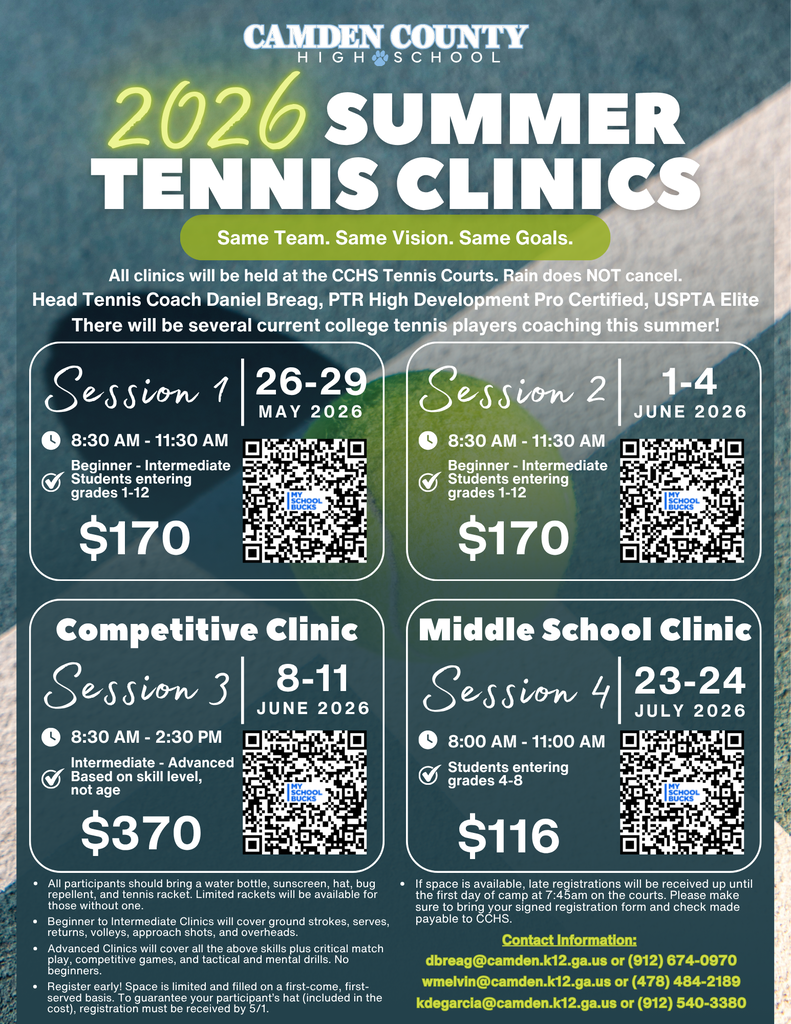 Summer Tennis Clinics: All clinics will be held at the CCHS tennis courts.  Rain does not cancel.  Head tennis coach daniel breag, PTR high development pro certified, USPTA elite There will be several current college tennis  players coaching this summer!  Session 1 May 26-29:  8:30-11:30 Beginner-intermediate students entering grades 1-12.  $170 Session2June 1-4:  8:30-11:30 Beginner-intermediate students entering grades 1-12.  $170.  Competitive Clinic Session 3:  June 8-11 8:30-2:30 Intermediate-advanced based on skill level not age, $370.  Middle School clinic Session 4 July 23-24 8:00-11:00 Students entering grades 4-8 $116 All participants should bring a water bottle, sunscreen, hat, bug repellent and tennis racket.  Limited Rackets will be available to those without one.  Beginner to intermediate clinics will cover ground strokes, serves, returns, volleys, approach shots and overheads.  Advanced clinics will cover all the above skills plus critical match play, competitive games and tactical and mental drills.  No beginners.  Space is limited and filled on a first-come first serve basis.  If space is available late registrationswill be received up until the first day of camp at 7:45 am on the courts.  Please make sure to bring your signed registration form and check made payable to CCHS. 