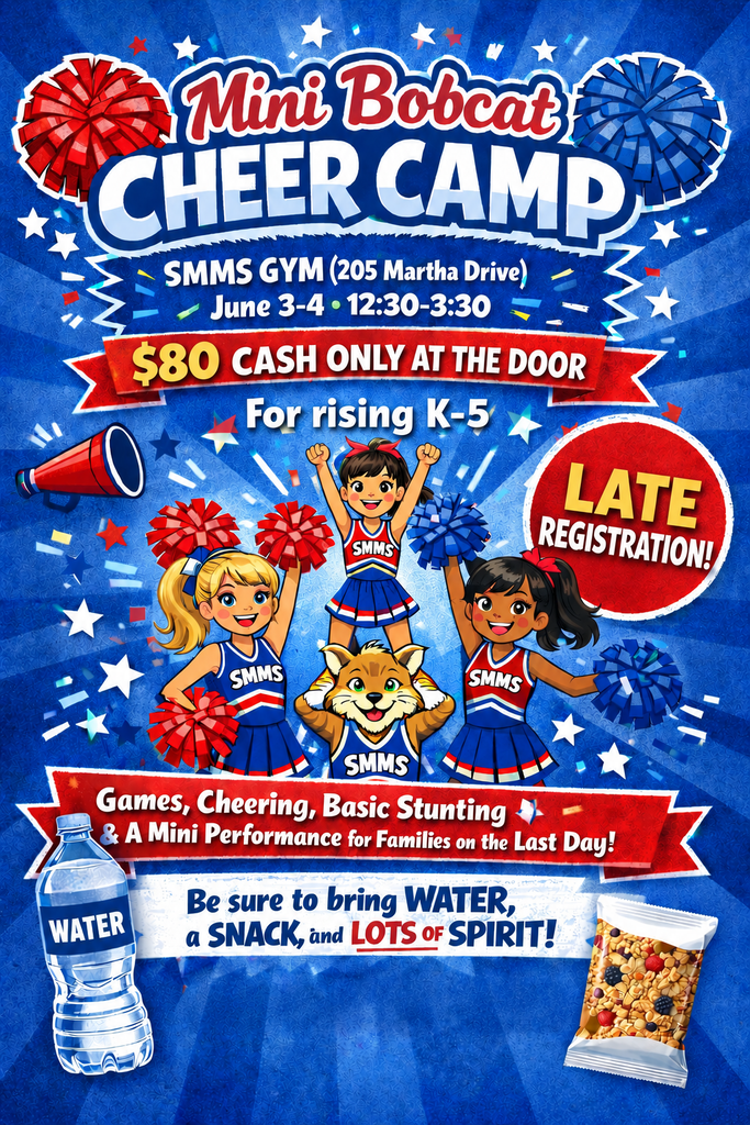 Mini Bobcat cheer camp poster: $80, for rising K-5 students on June 3rd & 4th, 12:30-3:30.