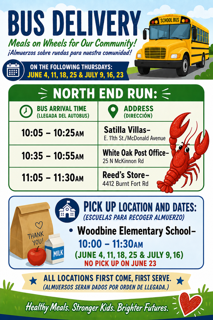Bus stops and school pick up for summer meals - every Thursday in June and July (except July 2)