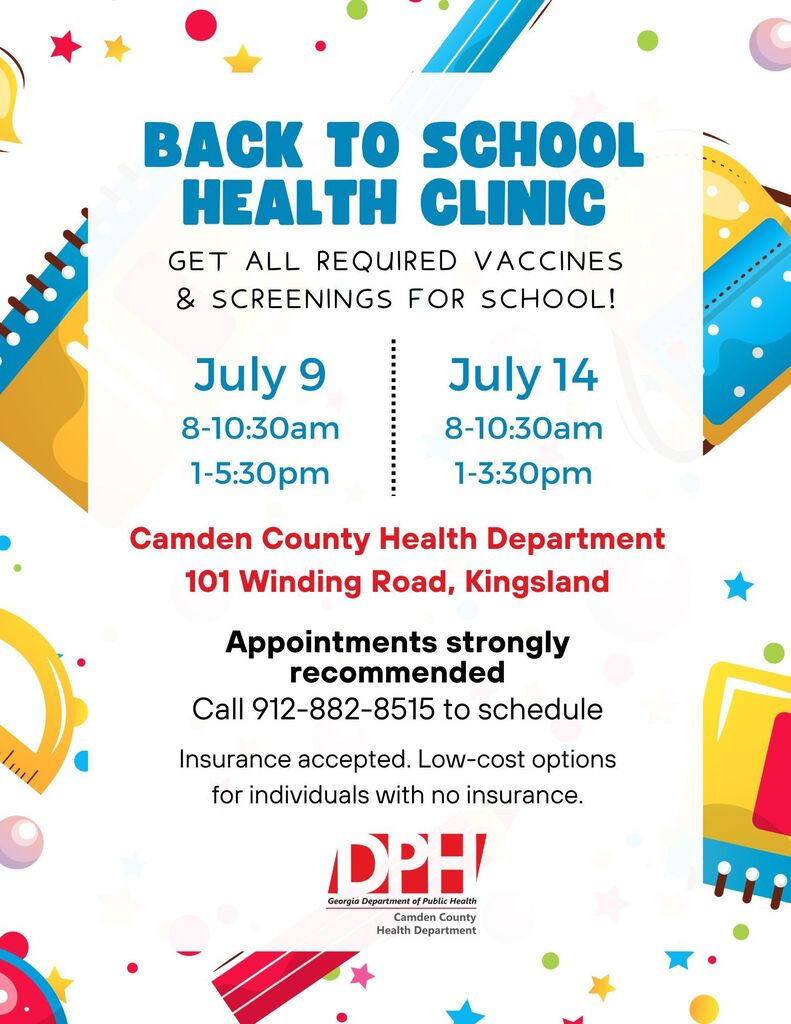 🩺📚 Get ready for the 2026–2027 school year! The Camden County Health Department is hosting a Back-to-School Health Clinic for students needing required vaccines and screenings before school starts. 📅 Clinic Dates: • July 9: 8:00 AM–10:30 AM & 1:00 PM–5:30 PM • July 14: 8:00 AM–10:30 AM & 1:00 PM–3:30 PM 📞 Appointments are strongly recommended. Call (912) 882-8515 to schedule. ✅ Insurance accepted 💲 Low-cost options available for individuals without insurance