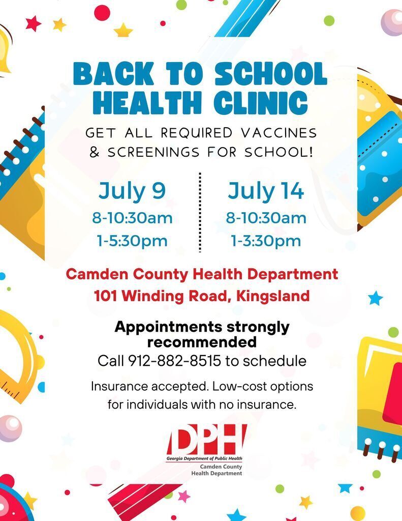 🩺📚 Get ready for the 2026–2027 school year! The Camden County Health Department is hosting a Back-to-School Health Clinic for students needing required vaccines and screenings before school starts.  📅 Clinic Dates: • July 9: 8:00 AM–10:30 AM & 1:00 PM–5:30 PM • July 14: 8:00 AM–10:30 AM & 1:00 PM–3:30 PM  📞 Appointments are strongly recommended. Call (912) 882-8515 to schedule.  ✅ Insurance accepted 💲 Low-cost options available for individuals without insurance