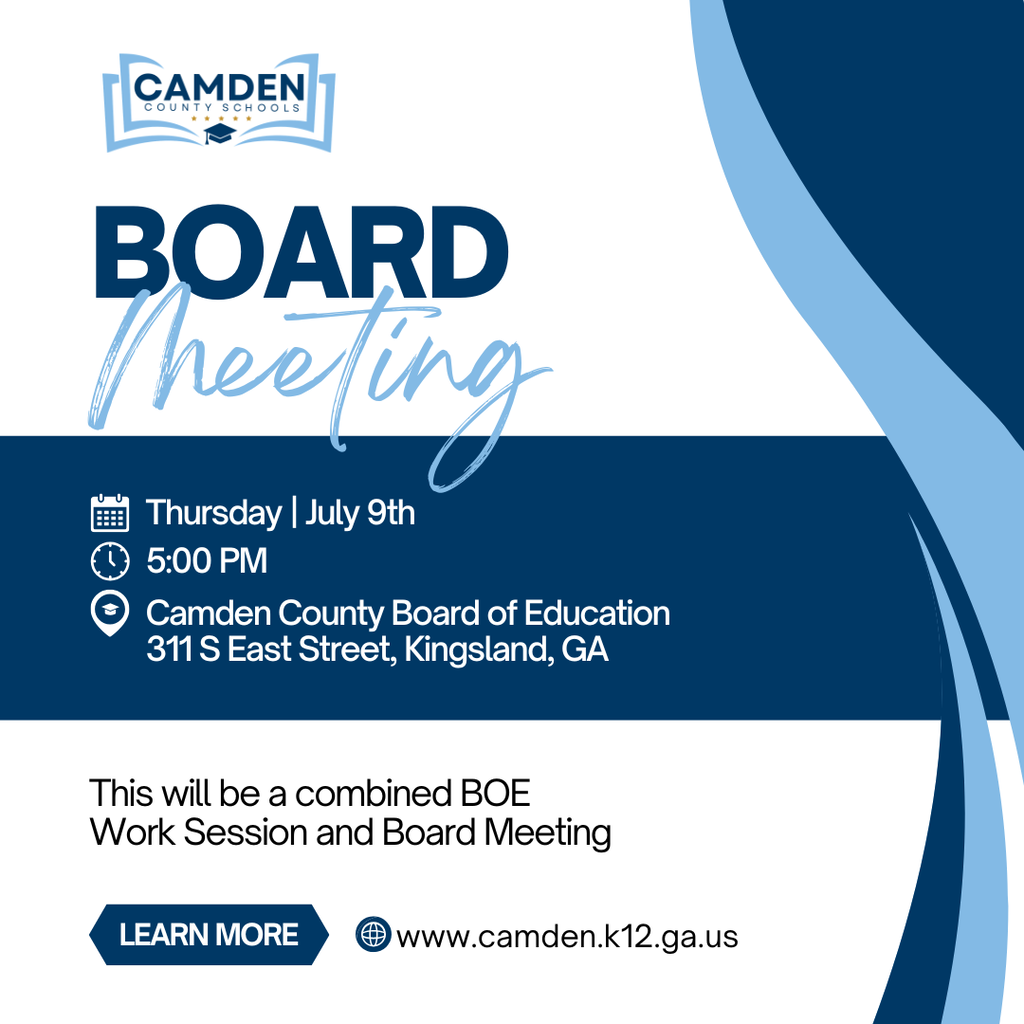 📢 Attention Camden County Families! Reminder of our December Camden County Board of Education Meeting. 🗓️ Date: December 11th 🕕 Time: 5:00 p.m. 📍 Location: 311 S East Street, Kingsland, GA Your presence and participation are important to us. Come and stay informed about the latest developments in our education system. #BElieveinCAMDEN #WeAreCamden
