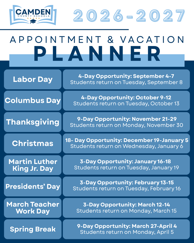 📅 Hey Camden Families! We’ve put together a quick reference planner to help you schedule vacations, wellness visits, and other appointments during school breaks when possible. This helps reduce student absences and keeps learning on track! Here are the upcoming breaks for the 2026-2027 school year: 🗓️ Labor Day Break: September 4-7 ➡️ Students return Tuesday, September 8 🗓️ Columbus Day Break: October 9-12 ➡️ Students return Tuesday, October 13 🗓️ Thanksgiving Break: November 21-29 ➡️ Students return Monday, November 30 🗓️ Christmas Holidays: December 19 - January 5 ➡️ Students return Wednesday, January 6 🗓️ Martin Luther King Jr. Day: January 16-18 ➡️ Students return Tuesday, January 19 🗓️ Presidents’ Day Break: February 13-15 ➡️ Students return Tuesday, February 16 🗓️ March Teacher Work Day Break: March 12-14 ➡️ Students return Monday, March 15 🗓️ Spring Break: March 27 - April 4 ➡️ Students return Monday, April 5 Thank you for partnering with us to support strong attendance and student success!📚 #BElieveinCAMDEN #WeAreCamden
