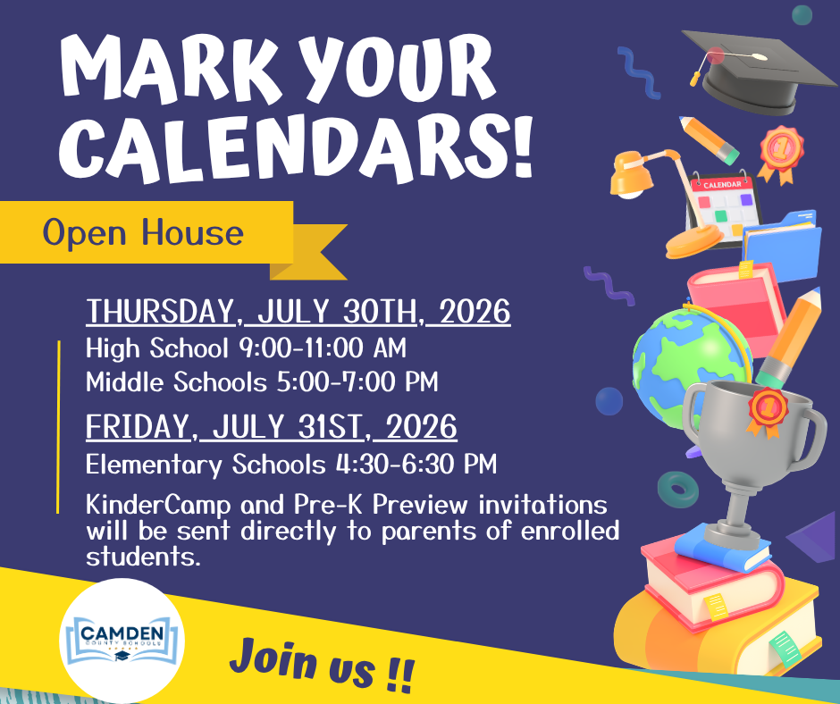 📢It's almost time! MARK YOUR CALENDARS! Open House is coming up: 📍Thursday, July 30th HS: 9-11 AM MS: 5-7 PM 📍Friday, July 31st ES: 4:30 - 6:30 PM ✉️KinderCamp and Pre-K Preview invitations will be sent directly to parents of enrolled students. #BElieveinCAMDEN #WeAreCamden #CCSOpenHouse2026