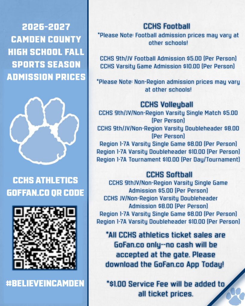 CCHS Fall Sports Season admission prices, football 5 and 10 dollars and volleyball & softball is 8 and 10 dollars.
