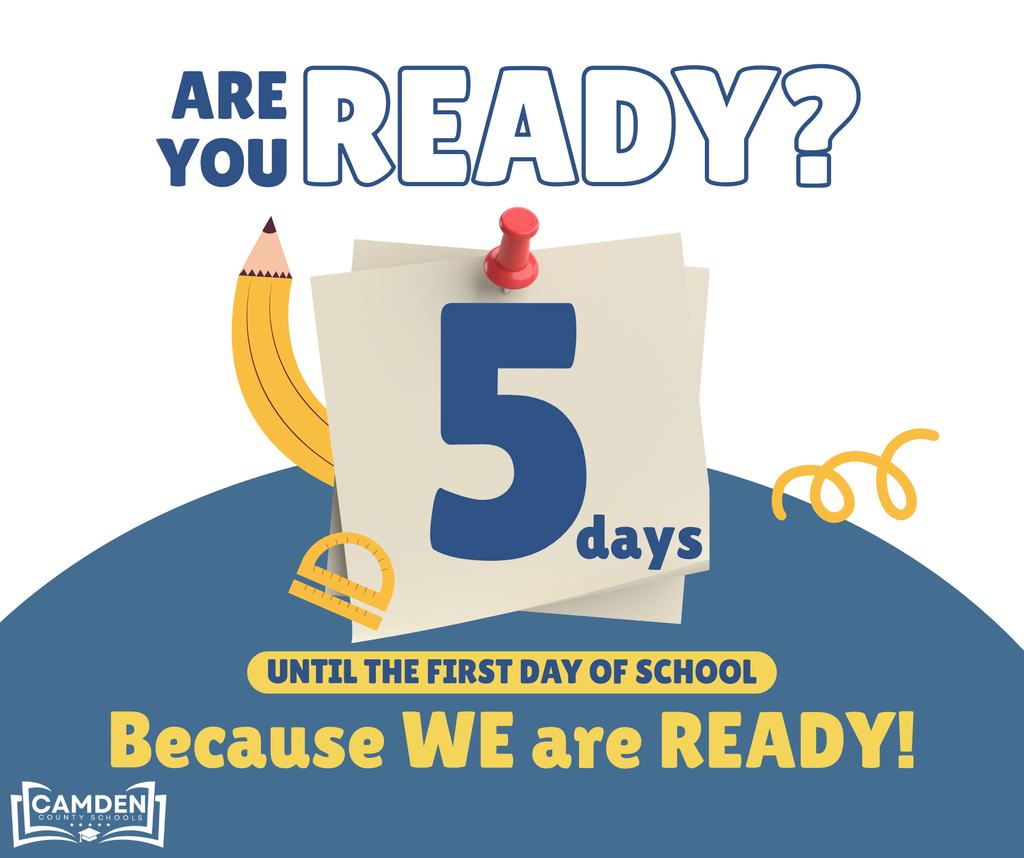 The countdown continues! ⏳ Are you ready? Because WE are READY! Only 5 more days until the first day of school! We can't wait to see all of our students back in the classrooms on Wednesday, August 5th! 📚✨ #BElieveinCAMDEN #WeAreCamden
