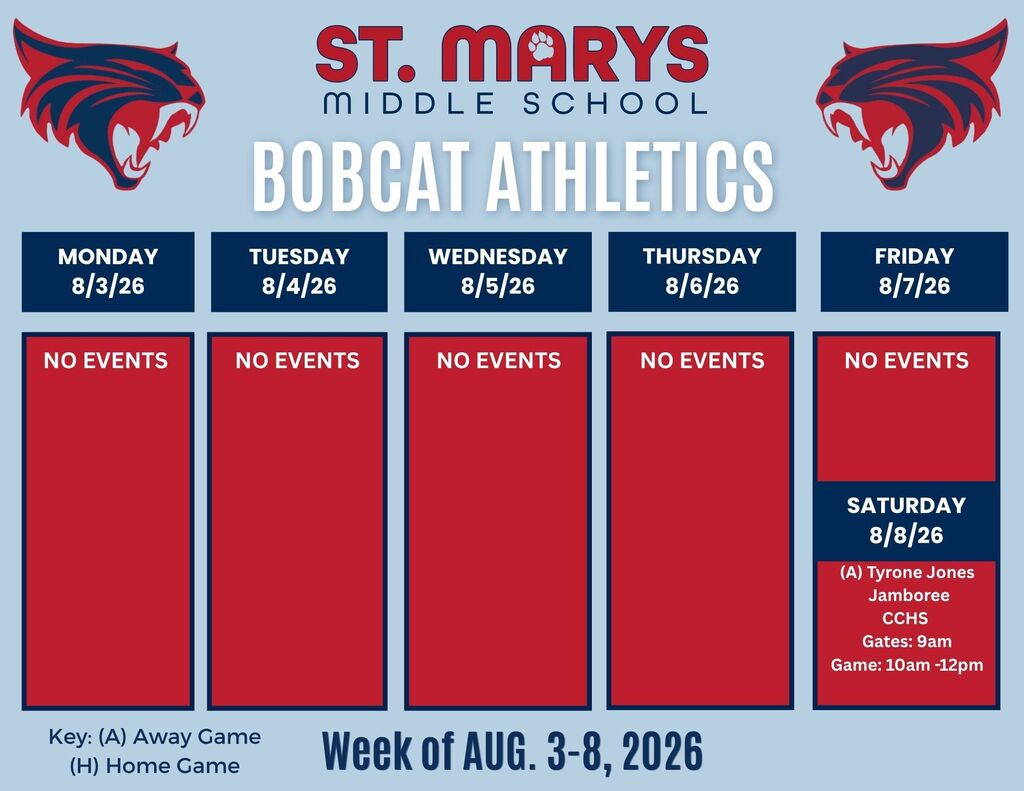 SMMS Athletics schedule for week of 8/3. Tyrone Jones Jamboree on 8/8 at CCHS 10am to 12pm.