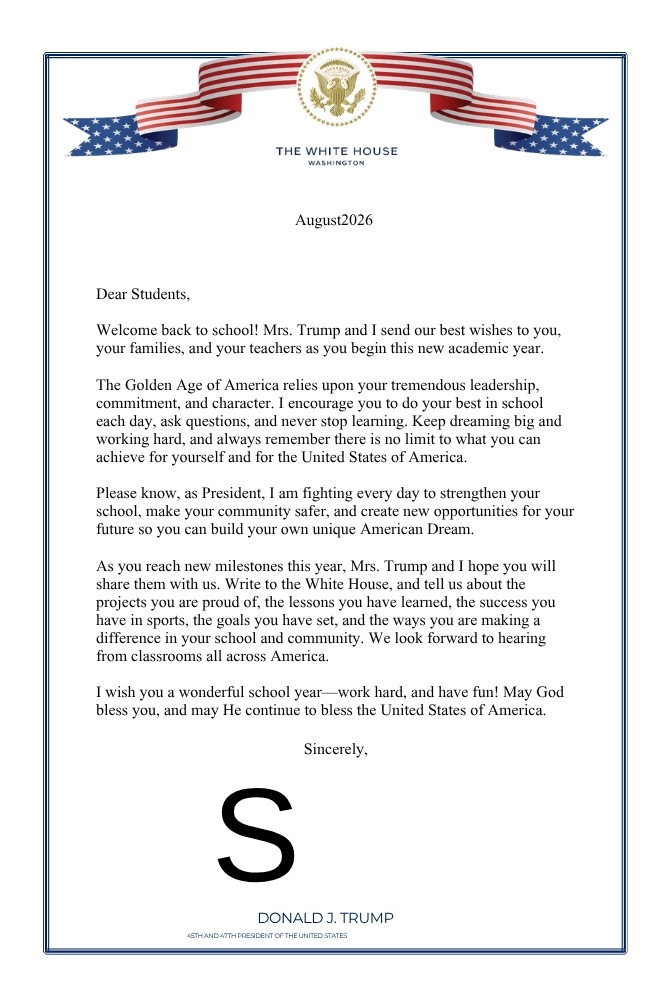 Back to school letter from the President