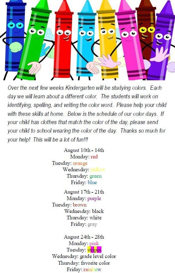 School flyer for Kindergarten Color Days featuring animated, smiling crayon characters holding hands across the top.