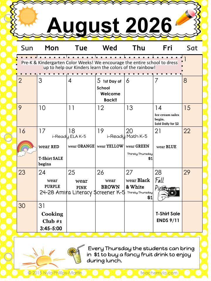 August calendar 2026, Thirsty Thursday every Thursday starting the 20th, 17th wear red, 18th wear orange, 19th wear yellow, 20th wear green, 21st wear blue, 24th wear purple, 25th wear pink, 26th wear brown, 27th wear black and white, 28th Fall Pictures.