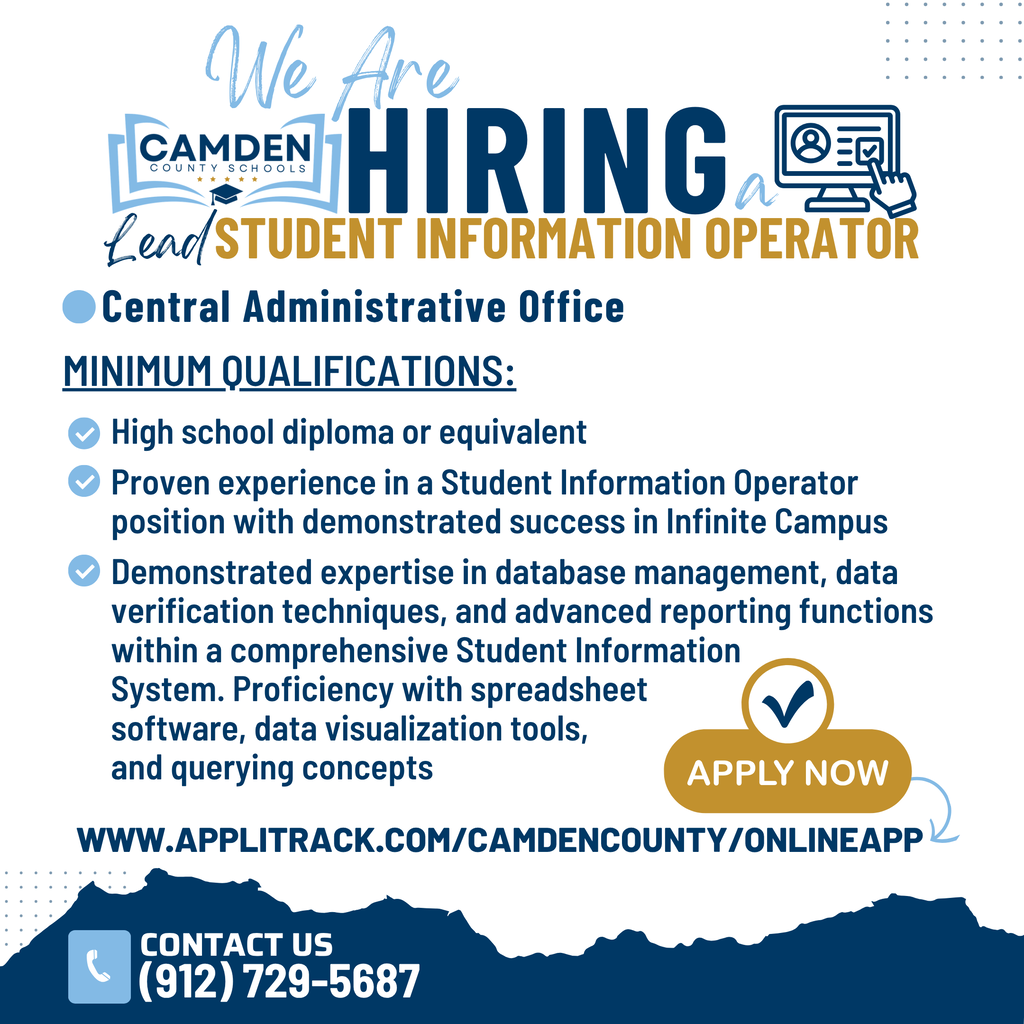 📣We're Hiring! Join our team of dedicated Student Information Operators as Lead Student Information Operator! We're looking for someone with strong Infinite Campus experience, exceptional attention to detail, and the knowledge and skills to help support accurate, efficient student information management across our district. View the full job posting and apply today at www.applitrack.com/camdencounty/onlineapp #BElieveinCAMDEN #WeAreCamden