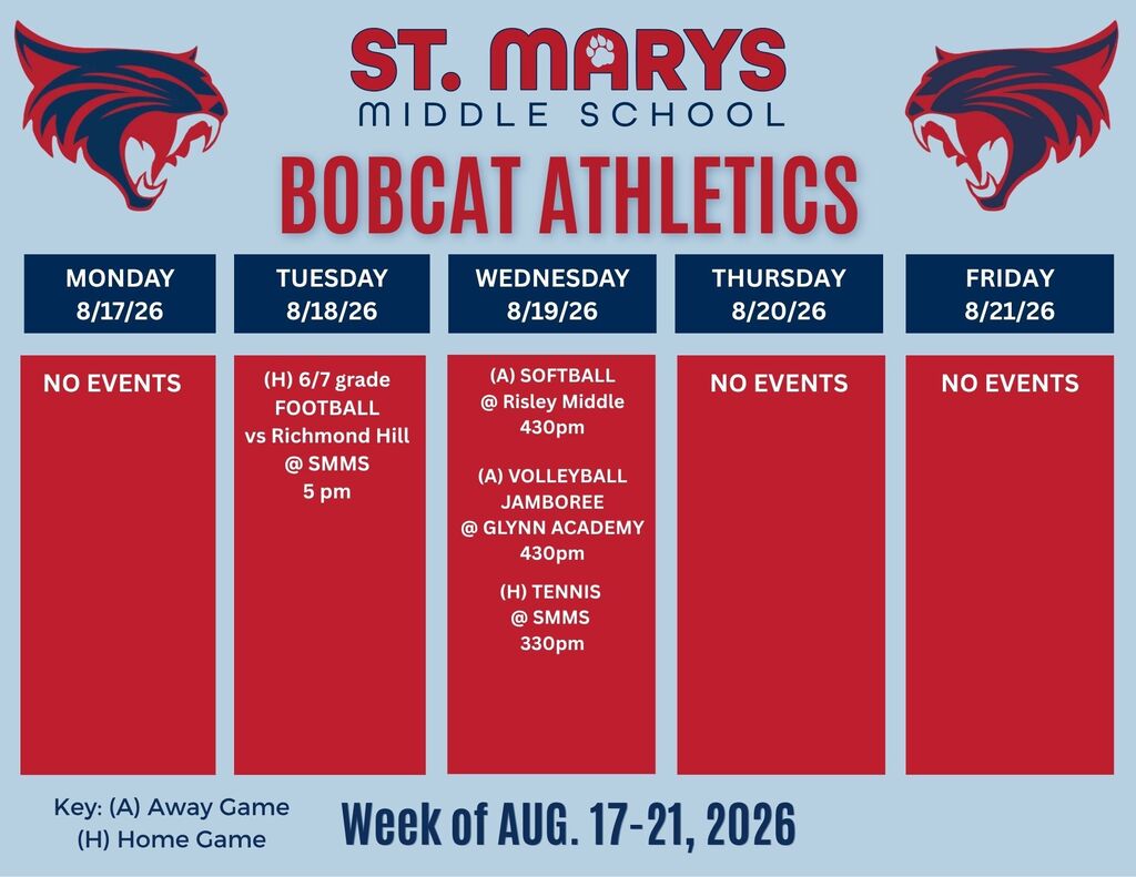 8/17 Bobcat Athletics schedule 8/18- football 5pm, 8/19 softball 4:30pm and volleyball 4:30 and tennis 3:30pm.
