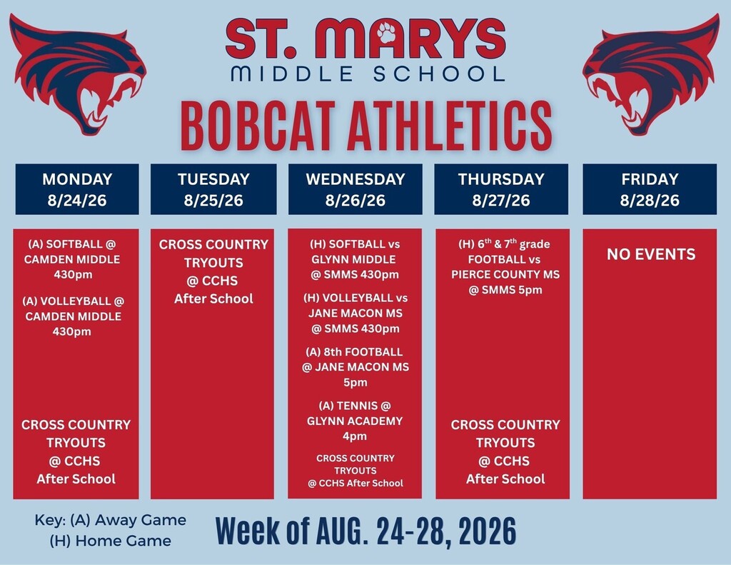 Bobcat Athletics calendar for 8/24. Monday softball, volleyball- Wednesday softball, volleyball, football, tennis- Thursday football.