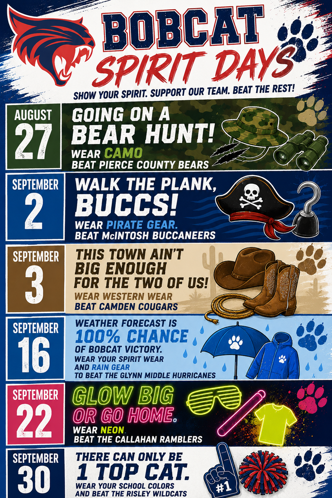 Spirit Days for dress up: 8/27, 9/2, 9/3, 9/16, 9/22, 9/30.