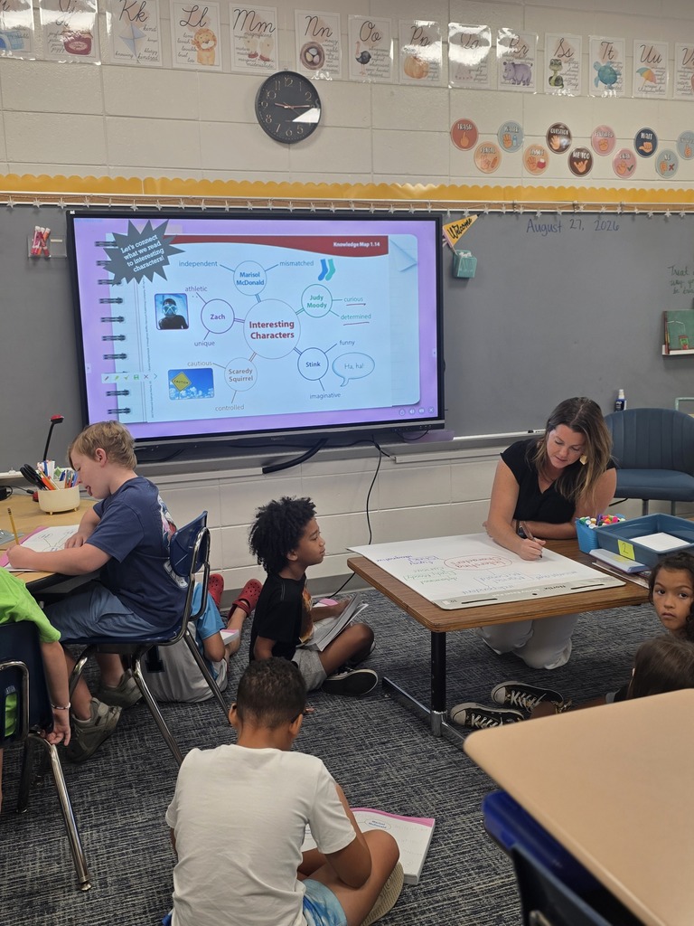 Third-grade students in Mrs. Villanueva’s class discuss character traits during a group reading lesson.