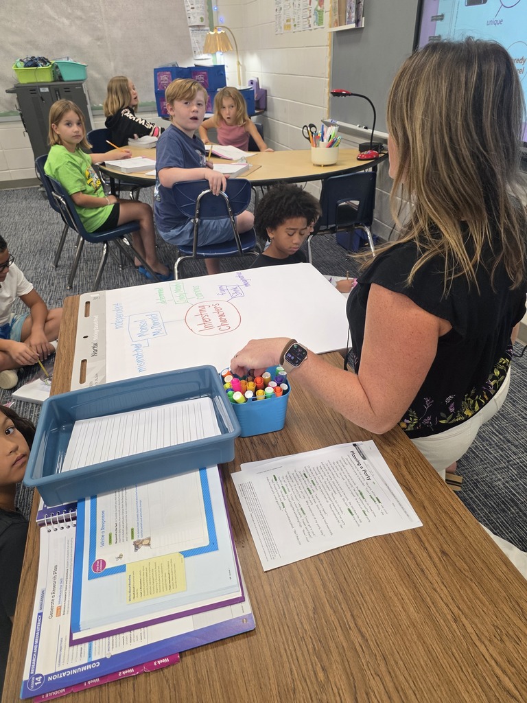 Third-grade students in Mrs. Villanueva’s class discuss character traits during a group reading lesson.