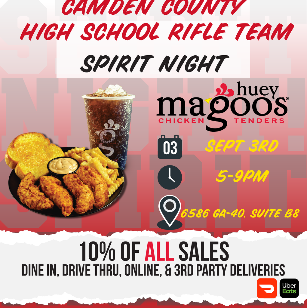 spirit night fundraiser at huey magoos for rifle team. Sept. 3rd from 5-9pm