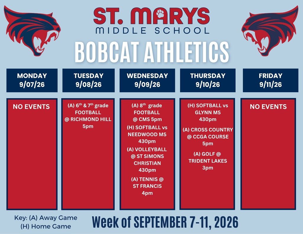 SMMS Bobcats Athletics week of 9/7: 9/8 football, 9/9 football, softball, volleyball, & tennis, 9/10 softball, cross country, golf.