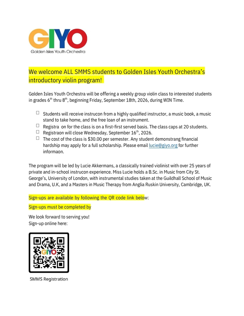 SMMS Violin Class Fall Registration QR code.
