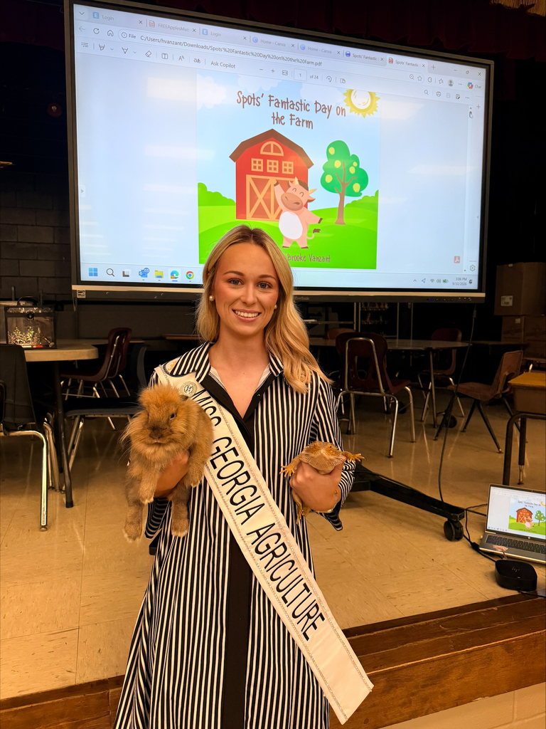 Brooke Loden, the 2026 Miss Georgia Agriculture and Agriculture Teacher at Camden Middle School, had the wonderful opportunity to visit the kindergarten students at Matilda Harris Elementary School! During her visit, Brooke shared her published children’s book, Spots’ Fantastic Day on the Farm, with the students and introduced them to a few of her special animal friends, including Princess the Rabbit and Mushu the Bearded Dragon. The students loved listening to the story and were excited to have the opportunity to get up close, ask questions, and learn about animals they may not encounter every day. Experiences like these help bring agriculture to life for young students and encourage curiosity about the important role agriculture plays in our everyday lives! Brooke is proud to continue promoting agricultural education and her Youth in Ag platform by connecting with students in Camden County and across Georgia.