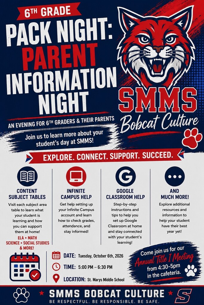 SMMS Title I Annual Meeting information flyer- Oct. 6 at 4:30pm in the 7th grade planning room.