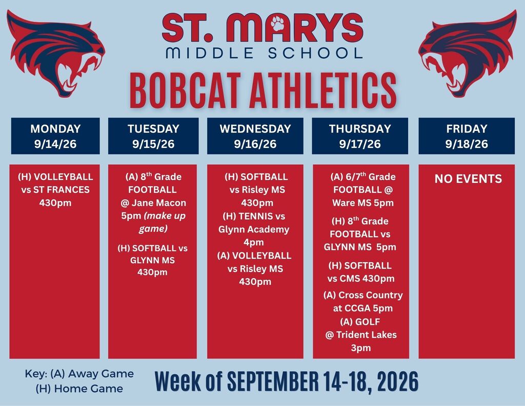 SMMS Bobcats Athletics week of 9/14: 9/14 volleyball, 9/15 football, softball, 9/16 softball, tennis, volleyball, 9/17 football, softball, golf, & cross country.