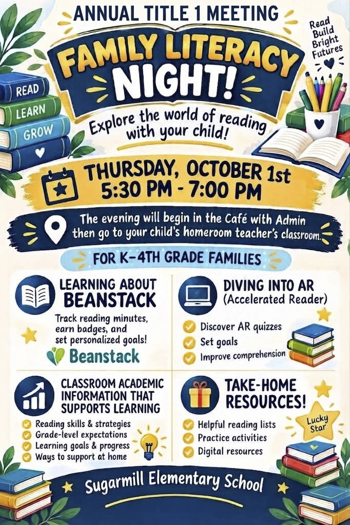 K--4th grade families are invited to join us for our Annual Title 1 Meeting and Family Literacy Night on Thursday, October 1st, 5:30--7:00 P.M.