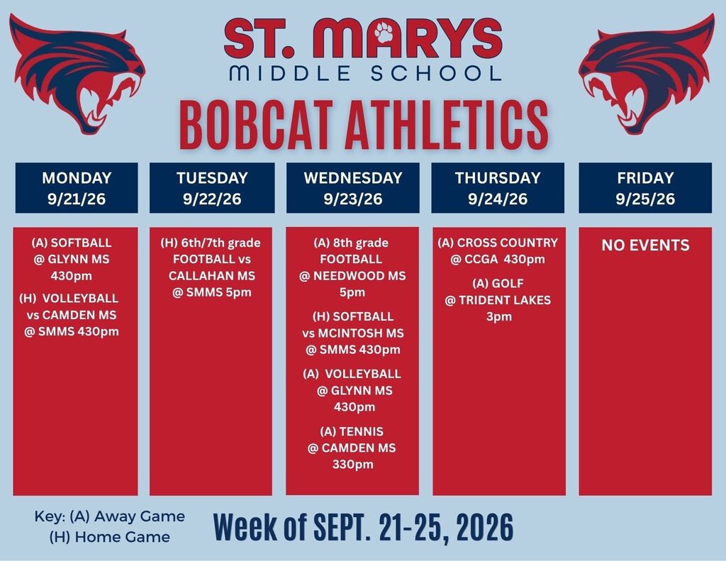 Bobcat Athletics calendar for 9/21. Monday softball, volleyball- Tuesday football- Wednesday softball, volleyball, football, tennis- Thursday cross country, golf.