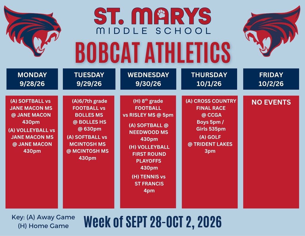 Bobcat Athletics calendar for 9/28. Monday softball, volleyball- Tuesday football, softball, volleyball, and tennis- Wednesday softball, volleyball, football, and tennis- Thursday cross country and golf.