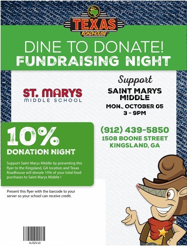 Texas Roadhouse Spirit Night flyer- Oct. 5th, 3-9pm