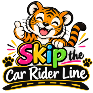 Cartoon tiger cup standing with a thumbs up sign and the words "Skip the Car Rider Line."