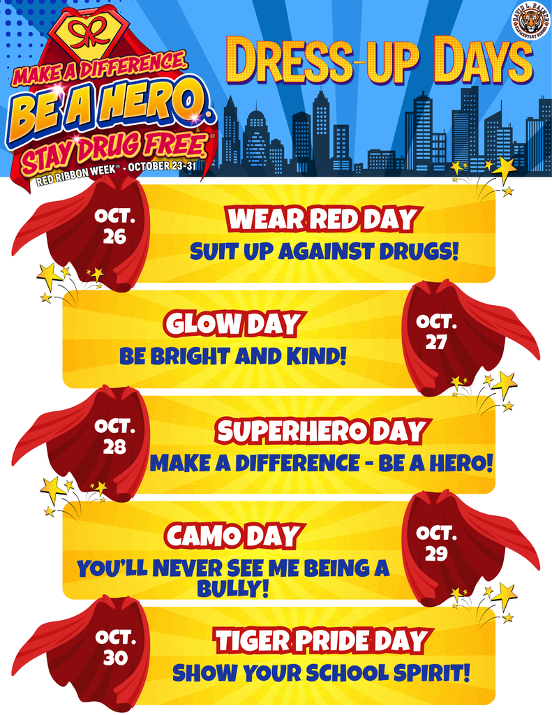 Red Ribbon Week Dress-Up Days flyer for David L. Rainer Elementary School listing daily themed outfits from October 26 to October 30.