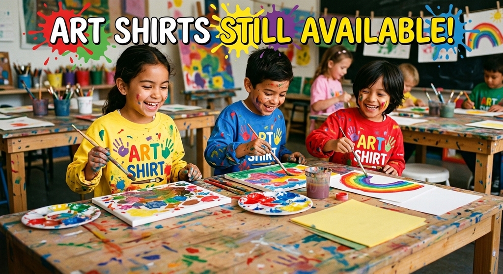 AI created image of 3 children painting in art class with the wording "Art shirts still available" across the top.